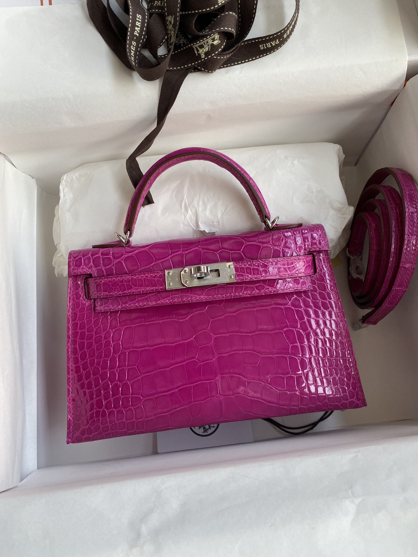 Hermes Kelly Mini II Bag 19CM In Rose Sheherazade Shiny Alligator Leather